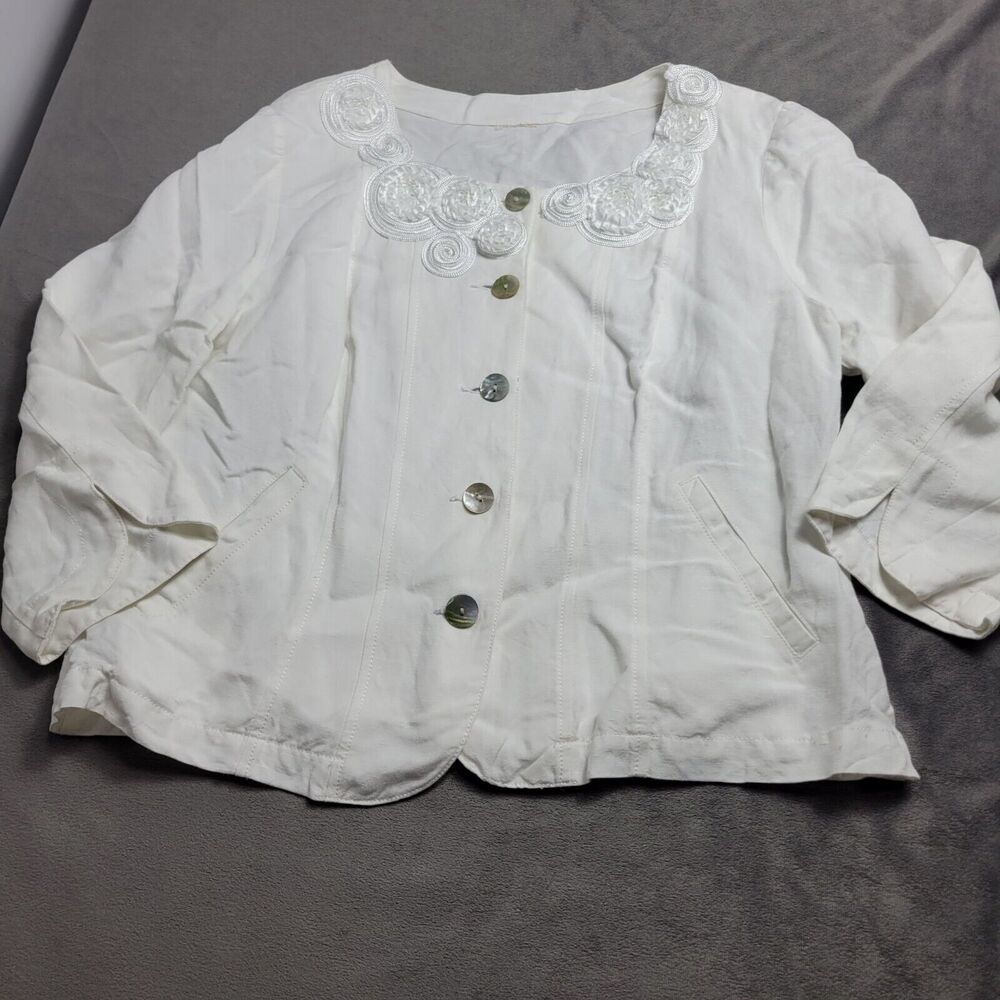 Ruby‎ White Embroidery Linen Jacket Decorative Collar Button Front Womens Medium